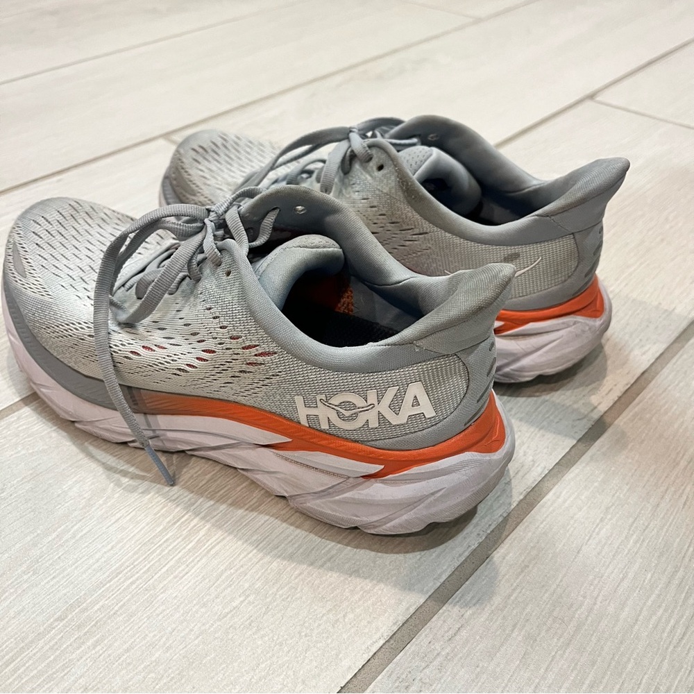 Hoka Gray and Orange Clifton 8 Shoes